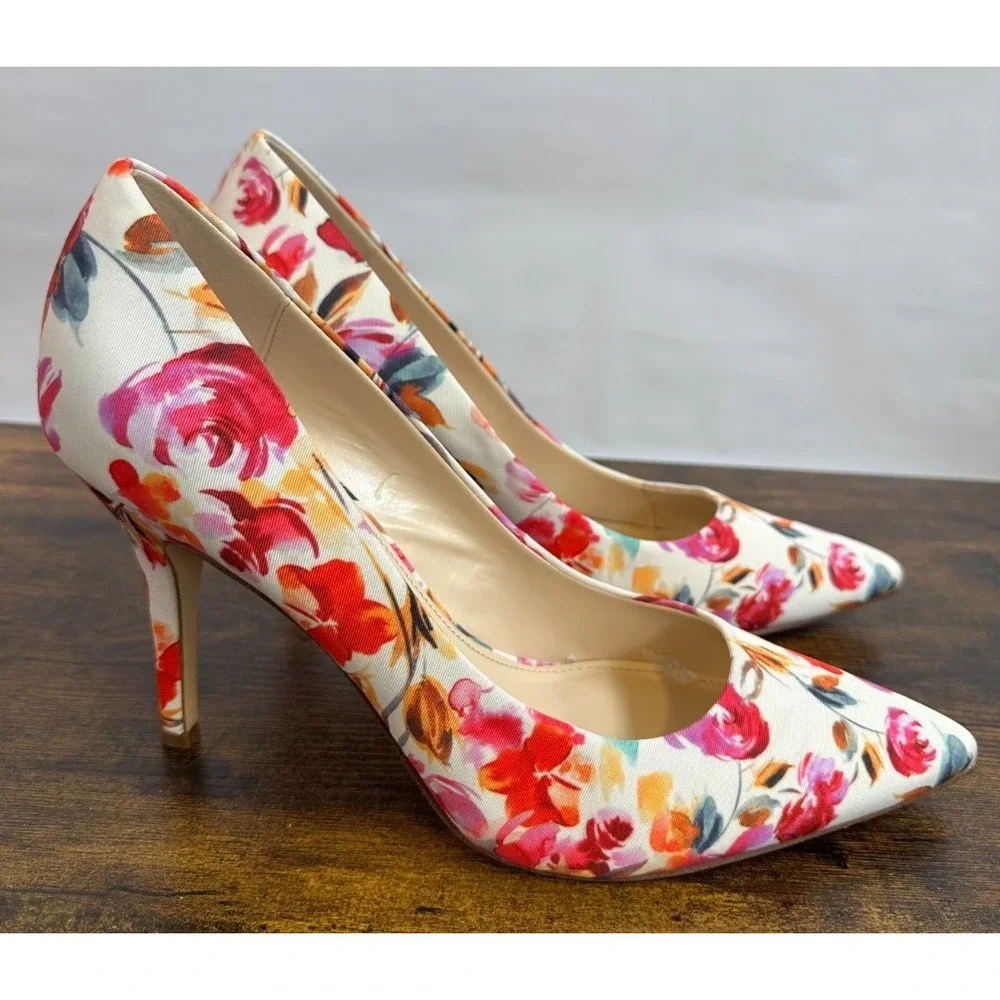Nine West Flax Floral Pointed Toe Pumps Off White Textile Heels Womens 11 M - Picture 2 of 13